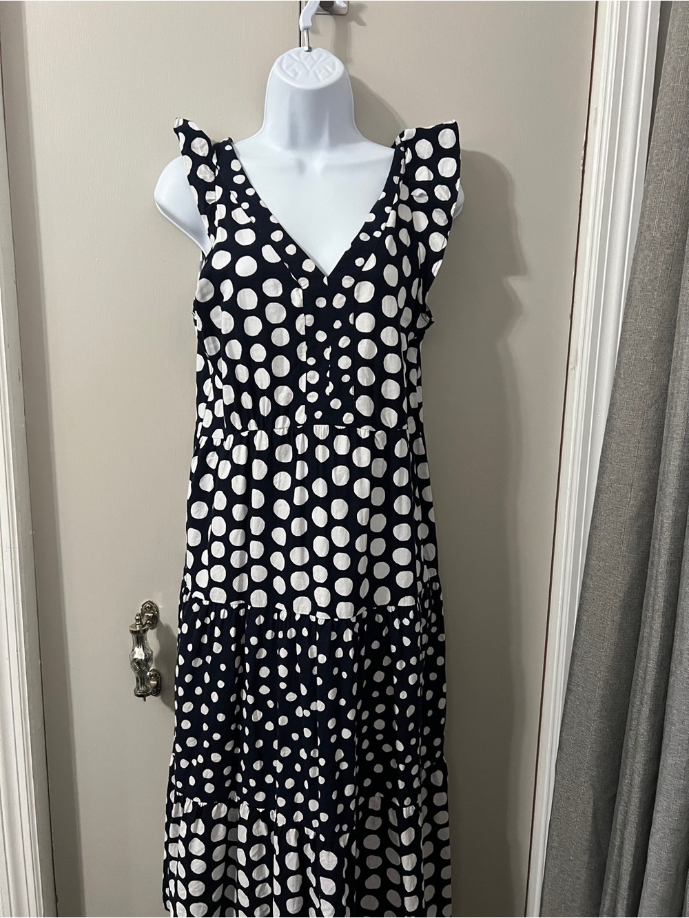 Loft Polka Dot V-Neck Maxi Dress Navy and White